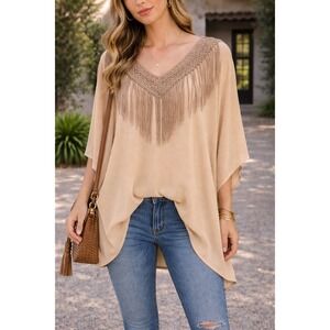 NWT One Size Beige Crochet Fringe V Neck Tunic Top